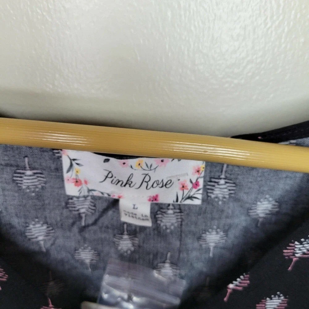 Pink Rose Black Dress With White Geometric Pattern Size Large Ruched Back - Picture 2 of 6
